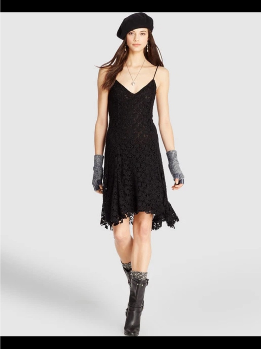 Ralph Lauren Black Floral Lace Maxi Dress with Spaghetti Straps BOHO